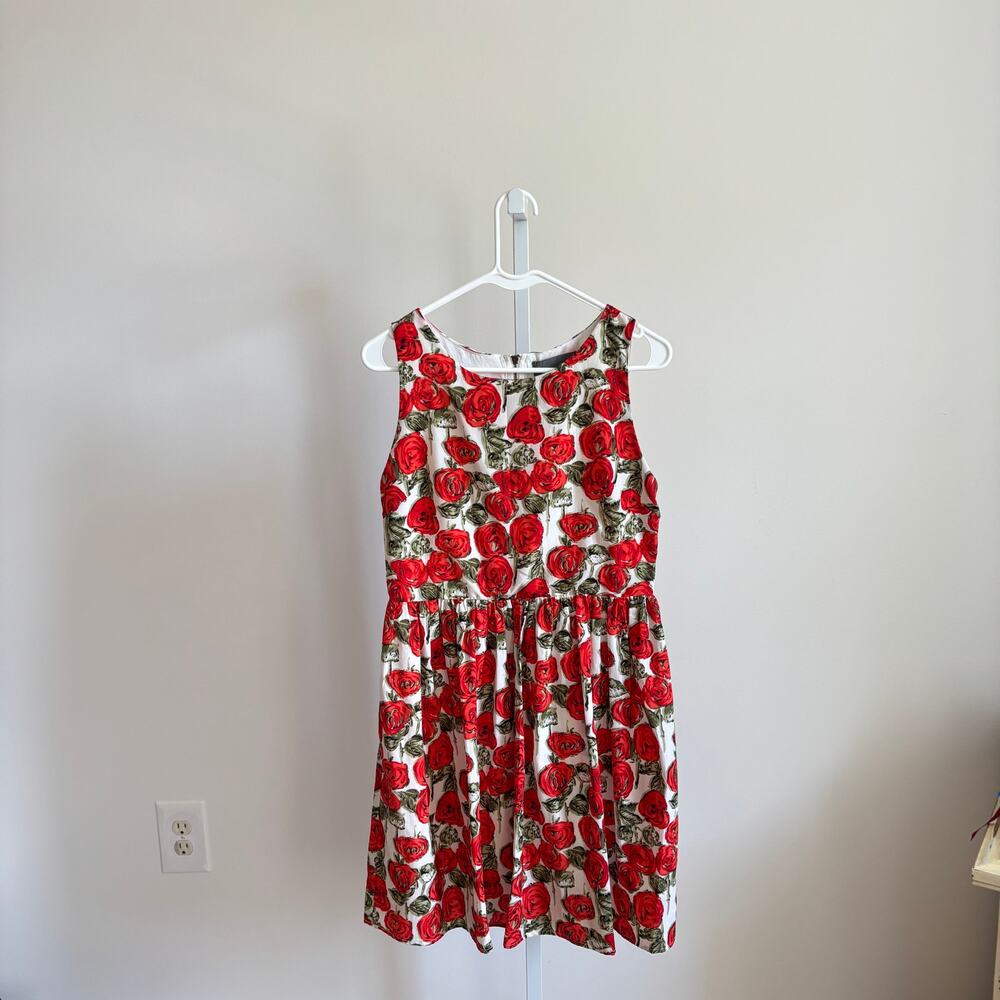 Anthropologie White Dress with Red Rose Print